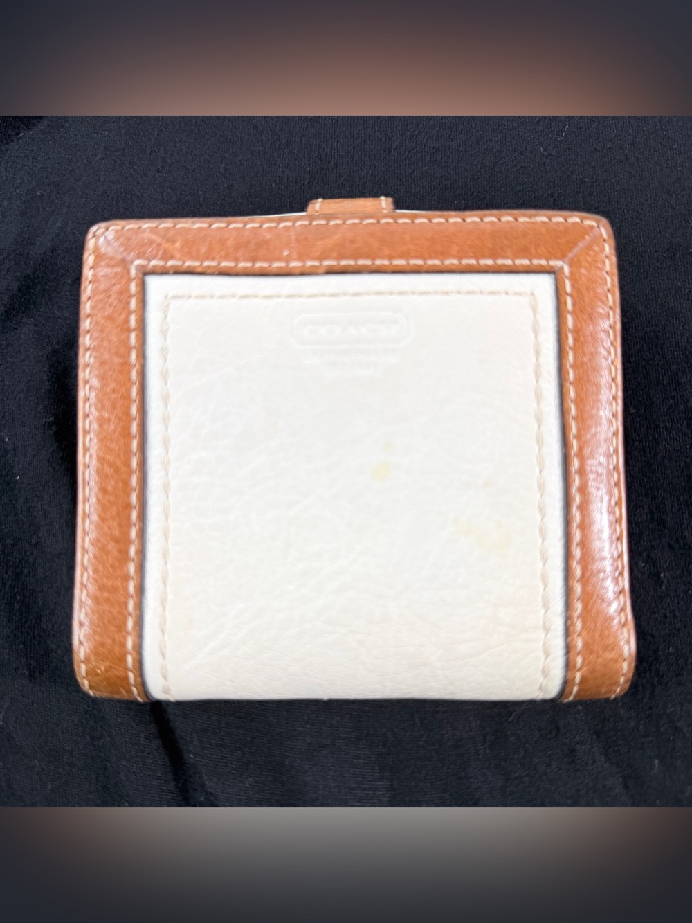 Coach White Leather Small Wallet Snap Tri Fold Buckle Clutch Brown Leather Trim - Picture 2 of 9